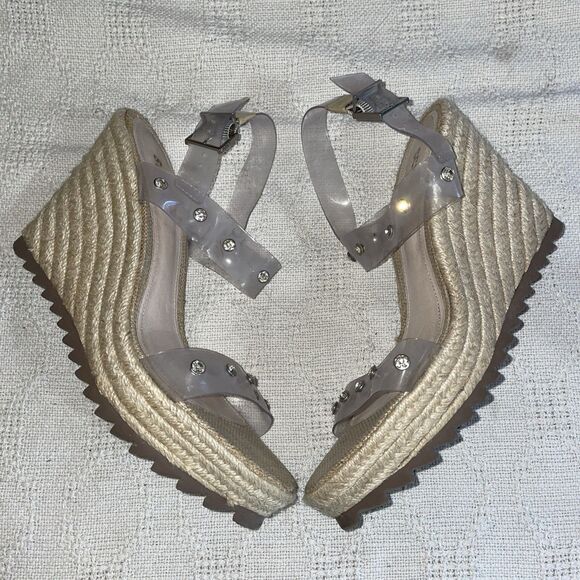 SCHUTZ Shoes - Schutz Wedge Espadrilles Womens Size 9.5 B Clear Straps Jute Beach Cruise Fun